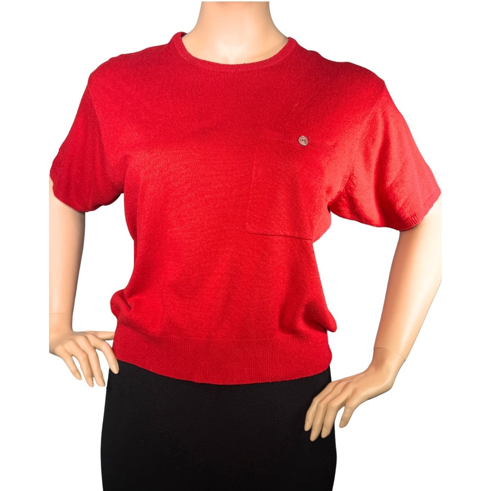 Elisabeth Liz Claiborne Red Silk Blend Short Sleeve Pocket Sweater Top Size 1